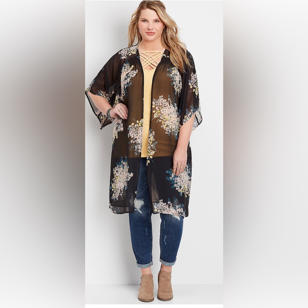 Plus Size Black Floral Long Kimono